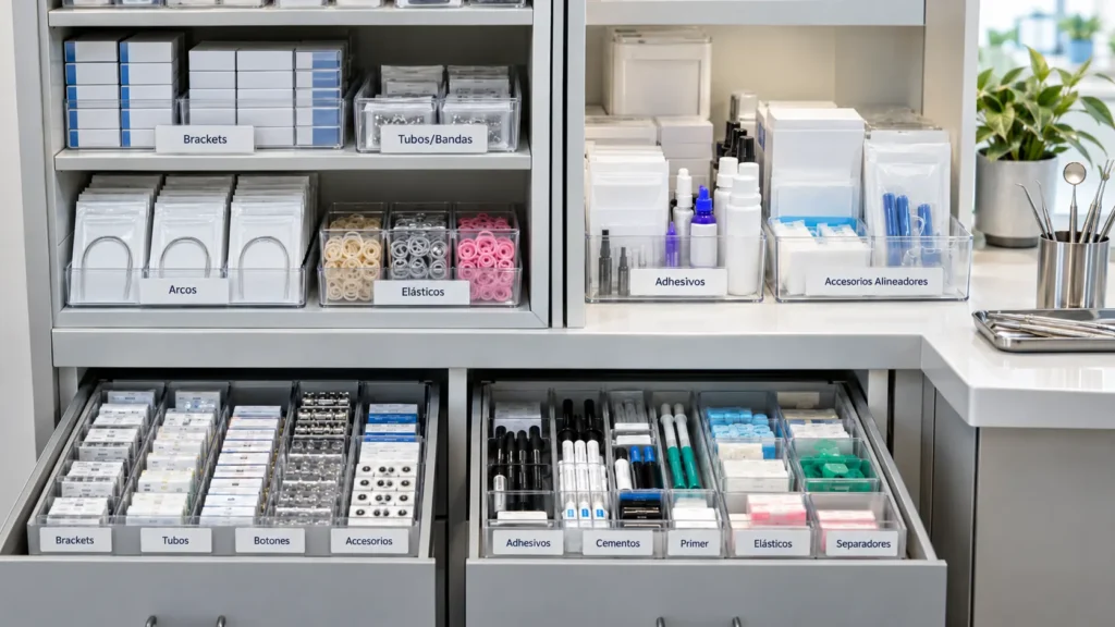 stock de ortodoncia organizado en clínica dental